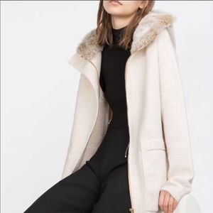 Zara knit Long cardigan / coat with Faux Fur hood
